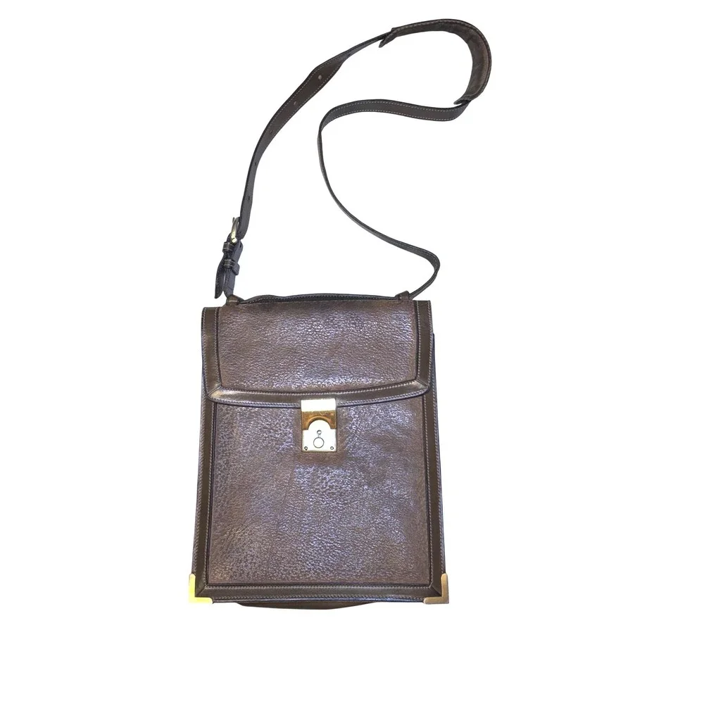 Vintage Textured Brown Leather shoulder Bag Brass Hardware‎ Padded Strap